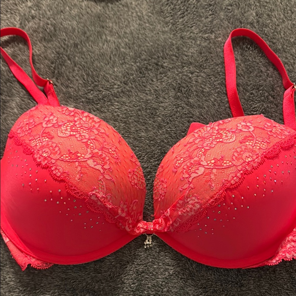 Red Lace Bra with Molded Cups and Adjustable Straps